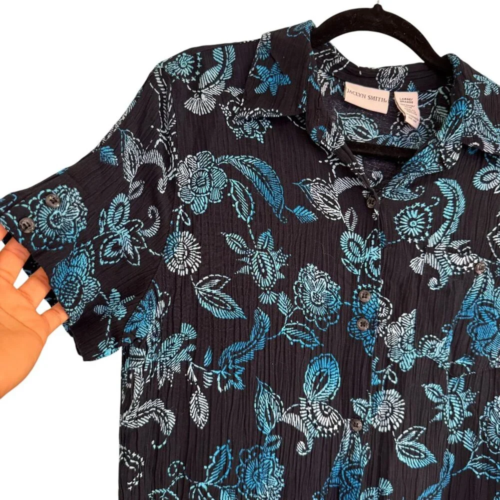 Jacklyn Smith Women's Black/ Blue Paisley Floral Button Up Blouse Size Large - Picture 3 of 9